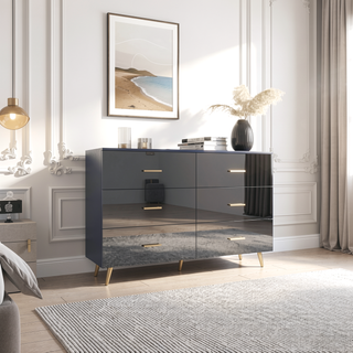 Sunvega High Glossy Black Dresser with Golden Handles and 6 Large Drawers