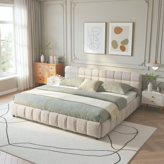 Sunvega Modern King Size Upholstered Bed with Storage Drawers and Soft Chenille Fabric