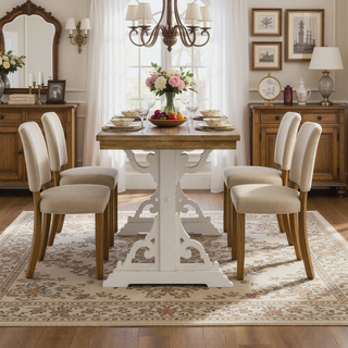 Sunvega Farmhouse Style Brown and White Trestle Gathering Table for Dining Room