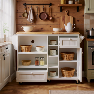Sunvega White Kitchen Island Cart with Storage Cabinet and Two Locking Wheels for Kitchen Room