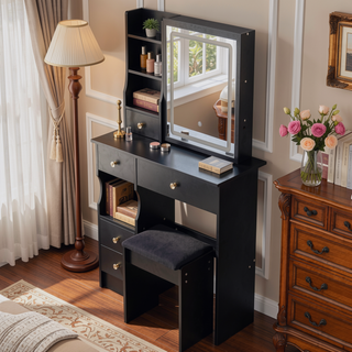 Sunvega Small Size Left Drawer Vanity Table with Cushioned Stool and LED Mirror for Small Spaces