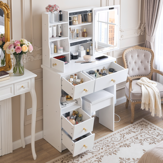 Sunvega Small Left Drawer Vanity Table with Stool Tri-Color LED Mirror Power Station