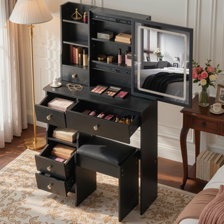 Sunvega Small Size Left Drawer Vanity Table with Adjustable LED Mirror and Stool