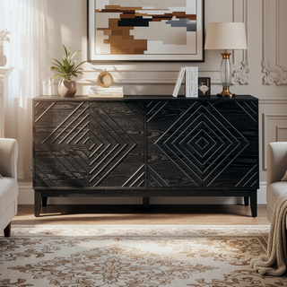 Sunvega Mid Century Modern Fluted Sideboard with Geometric Pattern and Adjustable Shelves