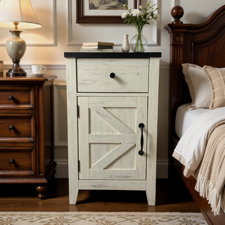 Sunvega Farmhouse End Table with Charging Station, Barn Door, and Drawer for Bedroom