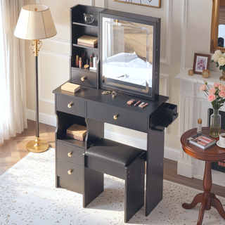 Sunvega Small Dressing Table with Sliding LED Mirror Tri-Color Light and Built-in Power Station