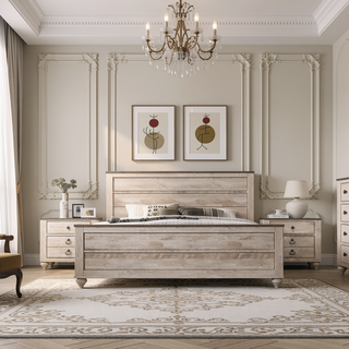 Sunvega White Wash Finish Queen Bed and Two Nightstands with Antique Walnut Trim