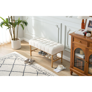 Sunvega Teddy Fabric Upholstered Storage Bench with Shelf for Bedroom Living Room