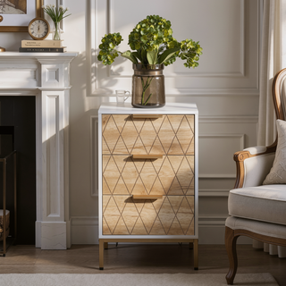Sunvega Mid-Century Modern Nightstand with Wavy Drawer Panels and Gold Metal Accents