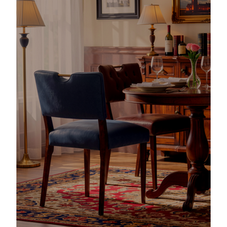Sunvega Midnight Blue Faux Leather Dining Chair Set with Walnut Frame and Gold Handle