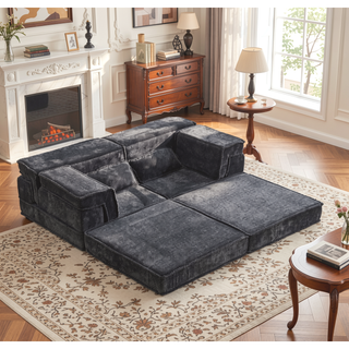 Sunvega Convertible Modular Sectional Mahjong Sofa Bed with Ottoman in Circle Fleece Fabric