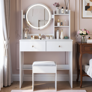 Sunvega 17 Inch Round LED Vanity Table Set with Mirror Touch Switch and Stool