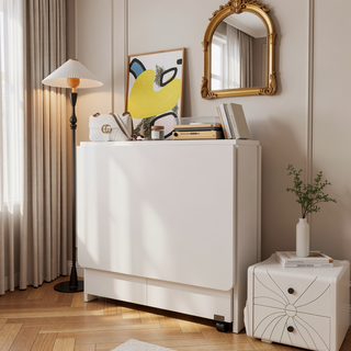 Sunvega White Fully Unfolded 51.18 Inch Foldable Table with Wheels for Dining or Display