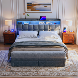 Sunvega Modern Nightstand with Charging Station USB LED Light and Fabric Drawers