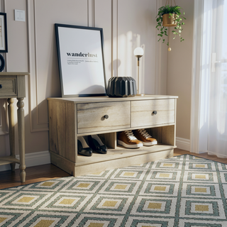 Sunvega Light Oak Storage Bench with Two Drawers and Two Open Shelves