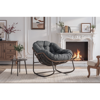 Sunvega Oversized Outdoor Rattan Rocking Chair with Padded Cushion and Steel Frame