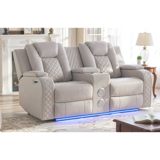 Sunvega Faux Leather Power Reclining Loveseat with LED Lighting and USB Ports