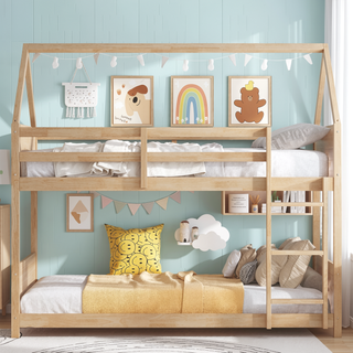 Sunvega Twin Over Twin House Floor Bunk Bed with Headboards Footboards Guardrails and Ladder