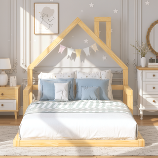 Sunvega Natural Wood Floor Bed with House-Shaped Headboard for Kids Room