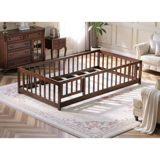 Sunvega Natural Rubber Wood Twin Size Floor Bed with Safety Guardrails and Door