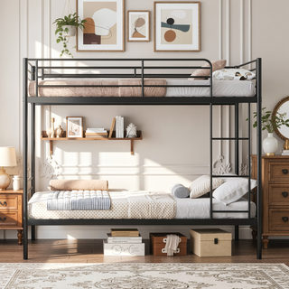 Sunvega Twin Over Twin Metal Bunk Bed with Ladder and Guardrail, Splits into Two Separate Beds