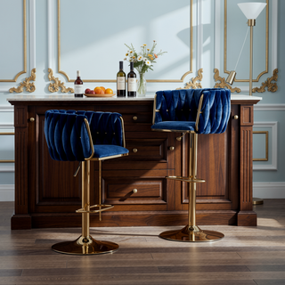 Sunvega Set of 2 Swivel Adjustable Bar Stools with Chrome Footrest and Navy Velvet