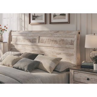Sunvega White Wash Finish King Sleigh Bed Dresser Mirror Nightstands and Chest
