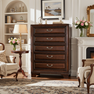 Sunvega Modern Tall Dresser Chest with Five Molded Drawers and Antique Metal Handles