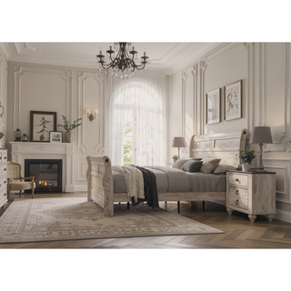 Sunvega White Wash Finish King Sleigh Bed Dresser Mirror Nightstand Bedroom Set