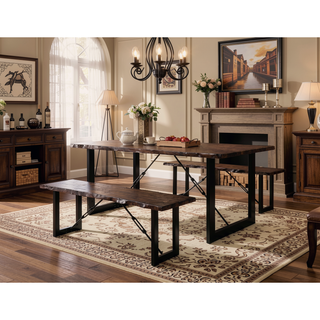 Sunvega Industrial U-shaped Metal Bench Base with Two-Tone Walnut and Black Finish