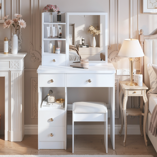 Sunvega Small Space Dressing Table with Cushioned Stool and Extra Large Sliding Mirror