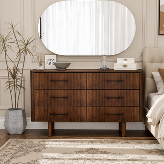 Sunvega Mid Century Modern Walnut Dresser with 6 Spacious Solid Wood Drawers
