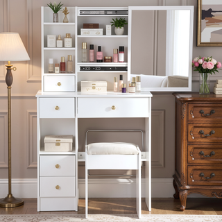 Sunvega Small Space Vanity Table with Cushioned Stool and Extra Large Sliding Mirror