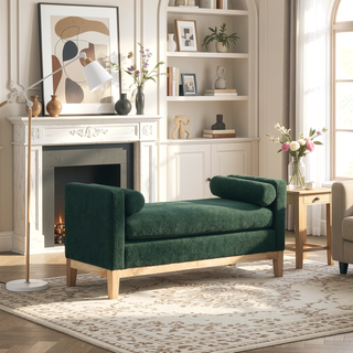 Sunvega Upholstered Bench with Wood Legs, Bolster Pillows for Bedroom, Living Room, Green