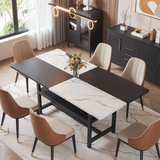 Sunvega Minimalist 71 Inch White and Black MDF Dining Table with Storage Shelf