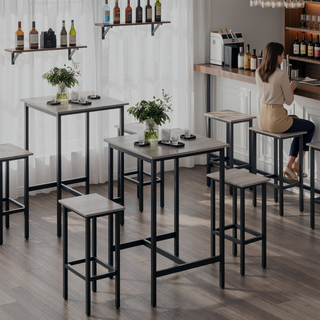 Sunvega Grey Minimalist Bar Table Set with 2 Industrial Stools and Iron Frame