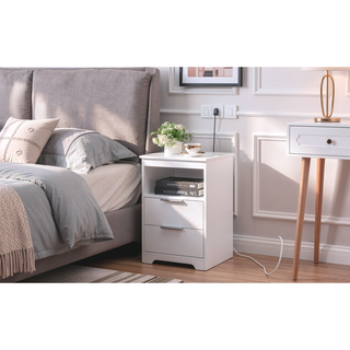 Sunvega White Wooden End Table with Charging Station and 2 Drawers for Bedroom