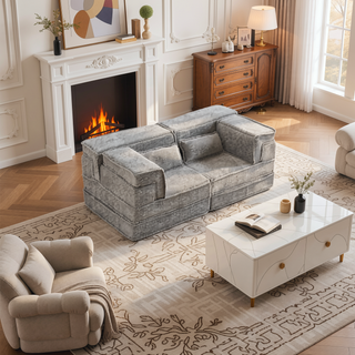 Sunvega Convertible Modular Sectional Mahjong Sofa Bed with Ottoman in Circle Fleece Fabric