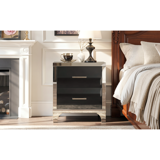 Sunvega High Gloss Mirrored Nightstand with Metal Handle and 2 Drawers for Bedroom