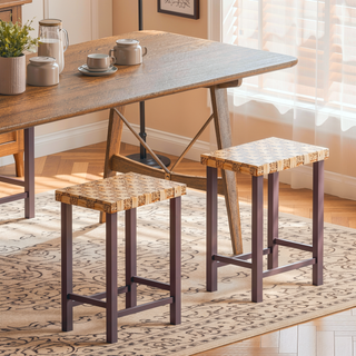 Sunvega Handwoven Seagrass Dining Bench with Cushion and Adjustable Foot Pegs for Farmhouse Kitchen