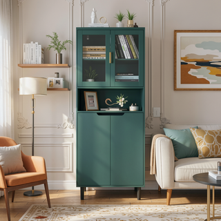 Sunvega Tall Storage Bookcase with 4 Adjustable Shelves and Tempered Glass Doors