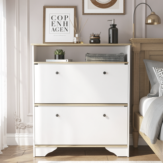 Sunvega Light Oak White Wood Shoe Rack with Two Doors and Three Storage Shelves