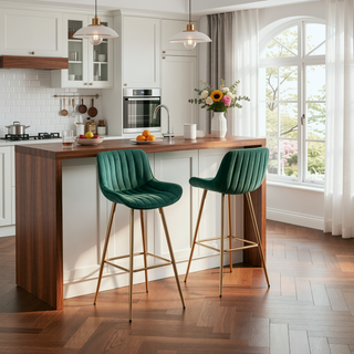 Sunvega 30 inch Set of 2 Blue Velvet Bar Stools with Chrome Footrest and Golden Legs