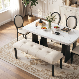 Sunvega Modern Tufted Linen Dining Bench with Black Rubber Wood Legs for Kitchen Entryway
