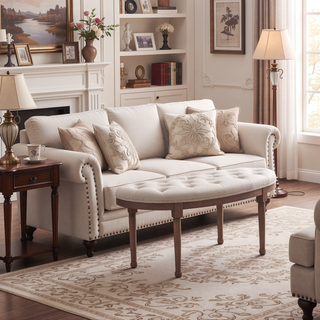 Sunvega French Inspired Vintage Semi-Circle Upholstered Bench with Tufted Design for Bedroom