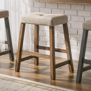 Sunvega Distressed Wooden Farmhouse Barstools with Faux Leather Seat, Counter-Height