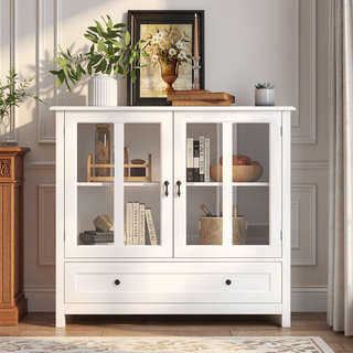 Sunvega Buffet Storage Cabinet with Single Glass Doors and Unique Bell Handle