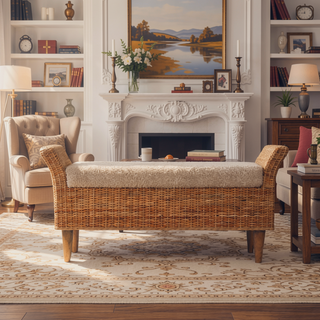 Sunvega Cream Boucle Upholstered Woven Wood Bench with Curved Armrests