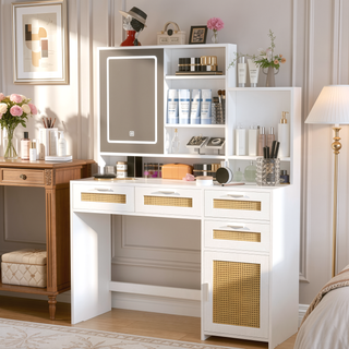 Sunvega Makeup Vanity with 3 Color Lights Openable Mirror 4 Drawers Rattan Dresser