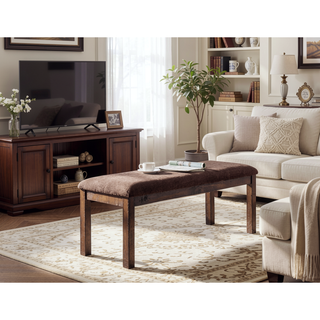Sunvega Contemporary Walnut Finish Upholstered Seat Solid Wood Dining Room Bench